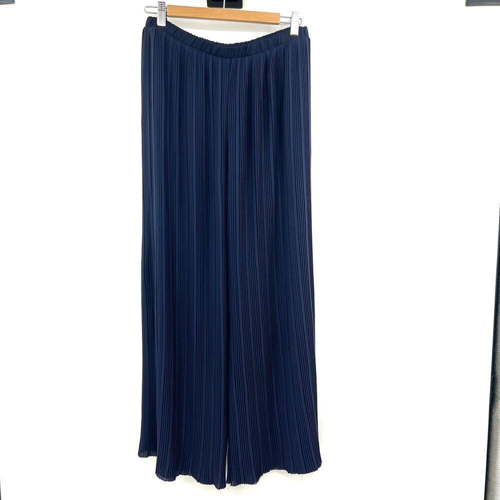 Pleione Navy Blue Pleated Wide Leg Palazzo Pants Womens L Pull-On Flowy